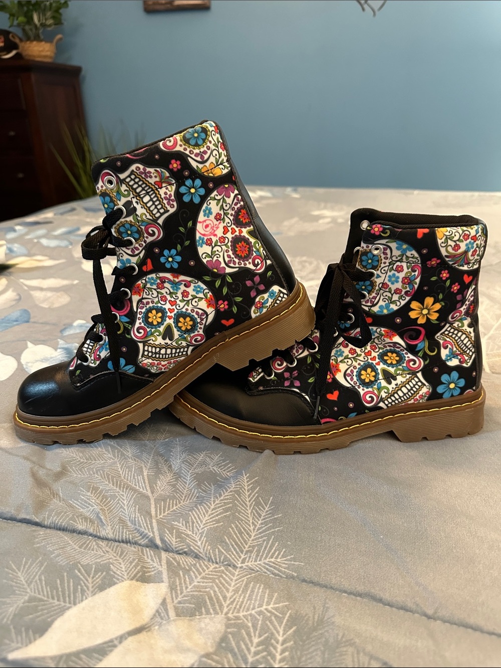 NWOT Black Floral Sugar Skull Combat Boots Sz W9.5 M8.5 EU41 UNBRANDED - Picture 11 of 15